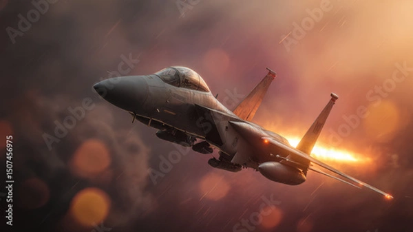 Obraz Military fighter jet flying through glowing sunset clouds with afterburner flames and cinematic orange light.