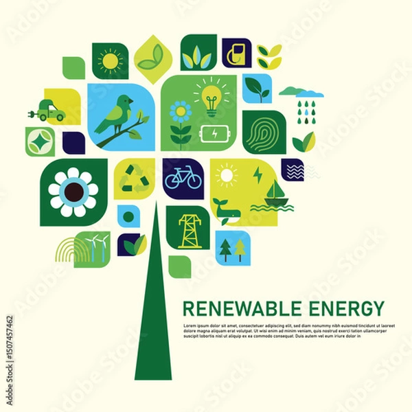 Fototapeta Eco-Friendly Concept Tree with Sustainability Icons – Flat Design Vector
A modern vector illustration of a stylized green tree composed of abstract leaf shapes containing various eco-friendly icons. 