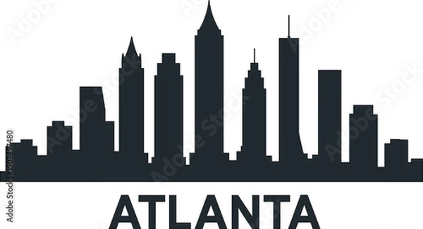 Fototapeta A horizontal banner featuring the Atlanta city skyline, presented as a black and white silhouette of the city in the USA, serves as a vector template for design purposes