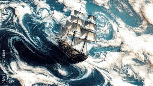 Obraz Bold black ship in white swirling waves. Ocean illustrated with flowing spirals and cloudy patterns in this fantasy marine scene.