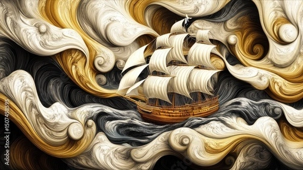Fototapeta Bold sailing ship braving a sea of infinite curls, loops, and swirls. Surreal ocean made of pattern and imagination.