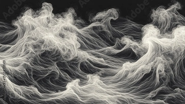Obraz Captivating sea view in artistic illustration style, where large waves curl and overlap with exquisite line details. A high-resolution visual of ocean power and grace.