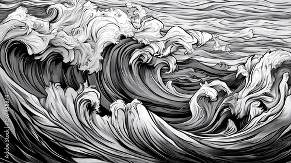 Fototapeta Captivating sea view in artistic illustration style, where large waves curl and overlap with exquisite line details. A high-resolution visual of ocean power and grace.