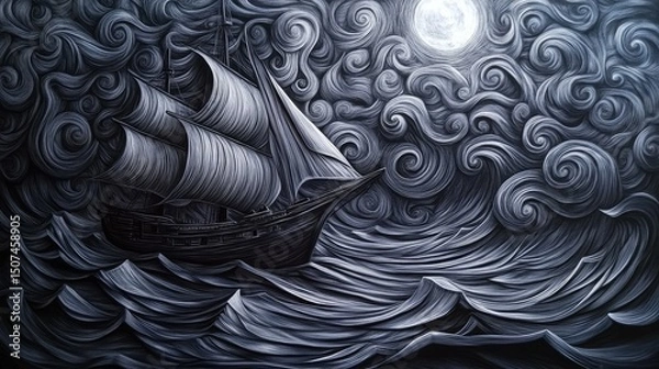 Obraz Dark sailing ship journeys across surreal ocean waves drawn with thousands of tiny curls and stylized swirls.