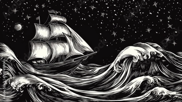 Obraz Dark sailing ship journeys across surreal ocean waves drawn with thousands of tiny curls and stylized swirls.
