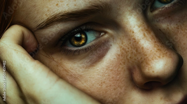 Fototapeta Sharp close-up of a young woman with emotional expression, soft lighting, and intense eyes revealing vulnerability, inner turmoil, and the quiet drama of a deeply personal moment