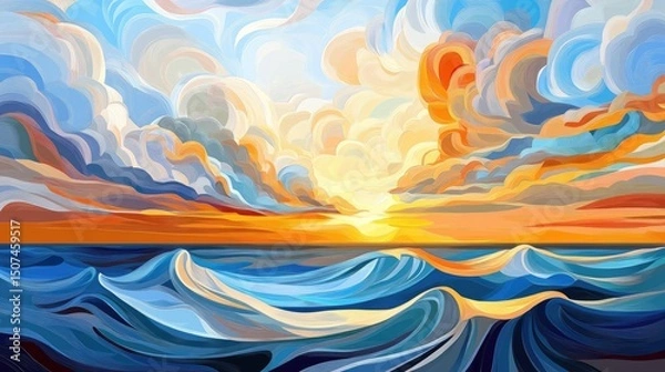 Obraz Digital seascape with flowing lines forming elegant, curling waves under a serene sky. Complex, artistic strokes highlight the ocean grandeur in a visually rich and detailed illustration.