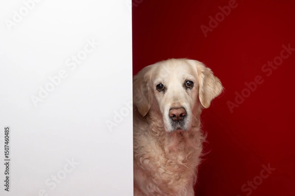Fototapeta Cute golden retriever dog on the red background in the studio, white negative space