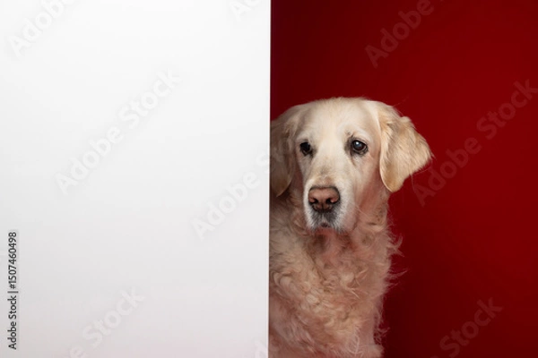 Fototapeta Cute golden retriever dog on the red background in the studio, white negative space