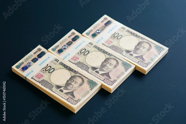 Fototapeta 黒いテーブルに置かれた一万円札の札束