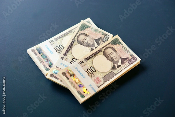 Fototapeta 黒いテーブルに置かれた一万円札の札束