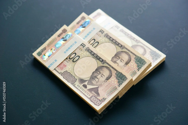 Fototapeta 黒いテーブルに置かれた一万円札の札束