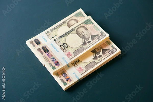 Fototapeta 黒いテーブルに置かれた一万円札の札束
