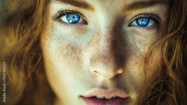 Fototapeta Emotional and vulnerable portrait of young woman, softly lit with intense gaze, capturing the delicate balance between inner turmoil and personal strength