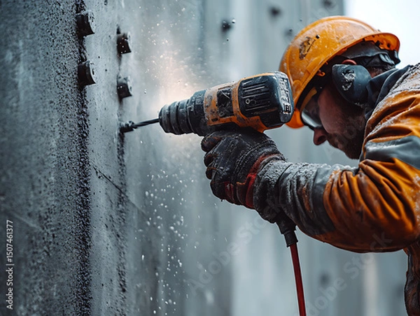 Fototapeta Construction Worker Using a Drill on Concrete Wall