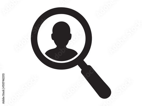 Fototapeta black magnifying glass with user silhouette inside, isolated on white background, vector illustration. Concept of profile search, candidate selection, user identification design element