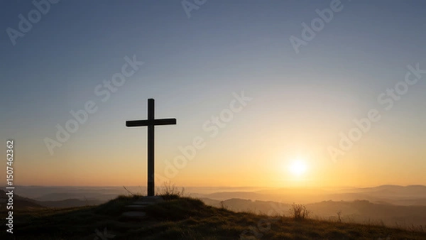 Fototapeta 일출 자연 언덕 십자가 배경 사진 이미지