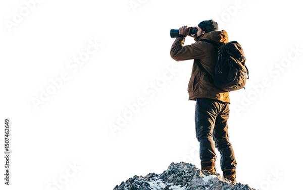Fototapeta Man Using Binoculars While Taking a Break on a Mountain During an Outdoor Adventure Trip Isolated on Transparent Background PNG