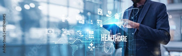 Fototapeta Businessman using tablet analyzing healthcare and technology-driven growth trends reveals the transformative impact of AI-powered diagnostics, telehealth expansion, digital innovation accelerating.