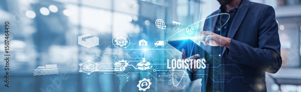 Obraz Logistics. Businessman using tablet analyzing Logistics and supply chain growth, optimizing routes, reducing costs, and improving delivery efficiency with real-time data and AI-driven insi