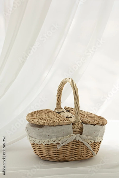 Fototapeta One picnic wicker basket isolated on white