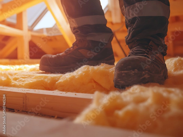 Fototapeta Worker Installing Insulation in Attic