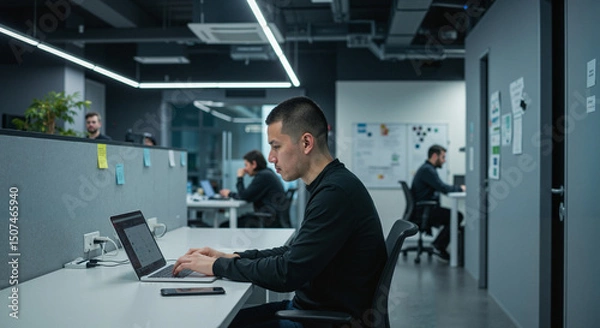 Fototapeta Young man working on laptop in modern office during the day  