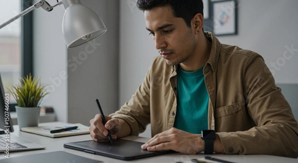 Fototapeta Young man drawing on graphics tablet at modern desk in office  