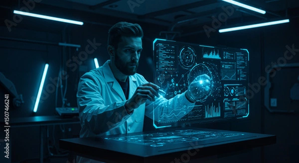 Fototapeta Scientist interacting with holographic display in modern lab environment  
