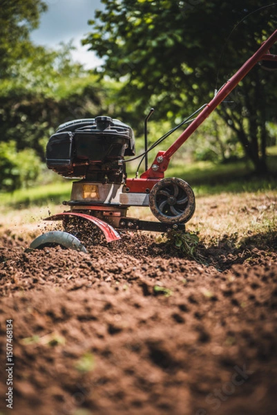 Obraz Close up photo of gardener cultivate ground soil rototiller , tiller tractor, cutivator, miiling machine, prepare for planting crop, spring. modern farming, technology agriculture.