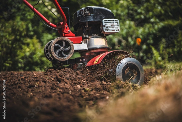 Obraz Close up photo of gardener cultivate ground soil rototiller , tiller tractor, cutivator, miiling machine, prepare for planting crop, spring. modern farming, technology agriculture.