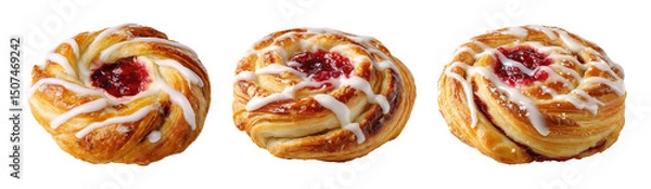 Obraz Collection set of raspberry danish pastries with icing isolated on transparent or white background, png