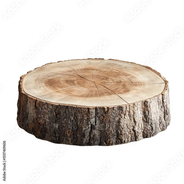 Obraz Wooden podium with bark texture for natural supplements. Isolated white background. Png format
