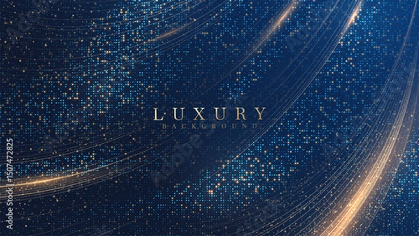 Fototapeta Luxury blue background with golden curves on glowing halftone backdrop. Design concept suitable for award ceremony or grand opening and campaign banner for promoting premium products.