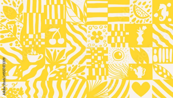 Fototapeta Summer sunny pattern with different objects in vector.