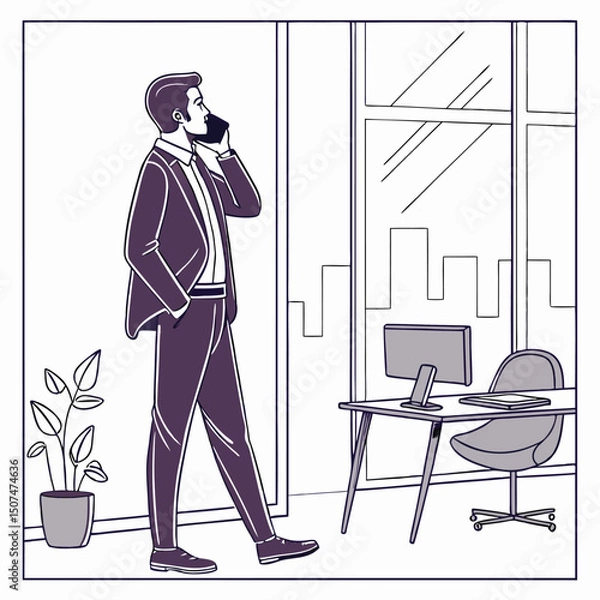 Fototapeta Businessman in suit conversing on phone in modern office with cityscape view during work hours