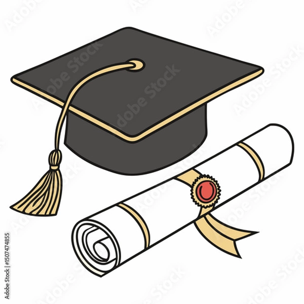Fototapeta Black and gold graduation cap with diploma – elegant vector design perfect for graduation-themed projects and invitations