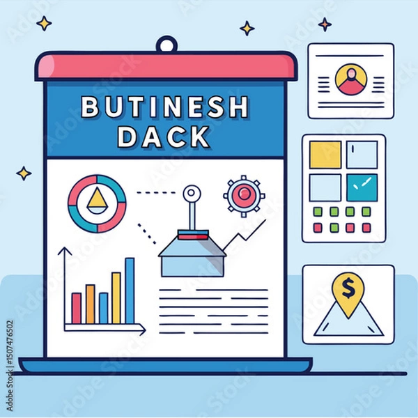 Fototapeta Conceptual illustration of a digital calendar featuring business infographics and analytical data visualization elements for presentations.
