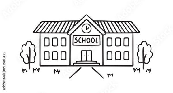 Obraz School building vector for coloring book doodle hand drawn icon. Outline drawing school building line clipart symbol