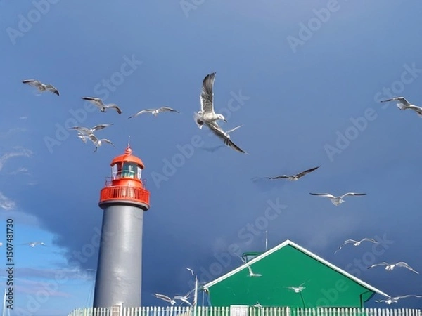 Fototapeta Seagulls flying around a lighthouse on a cloudy day