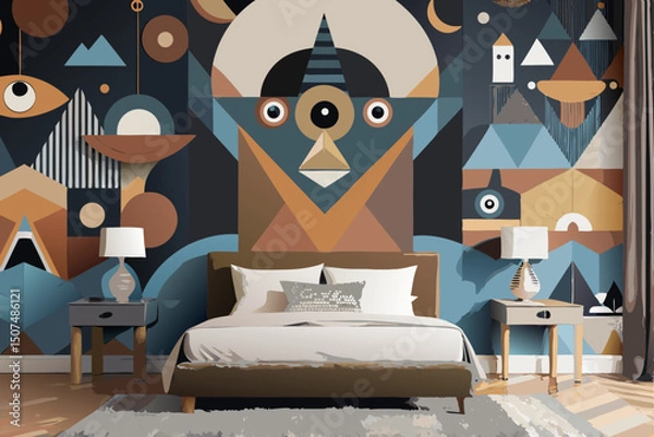 Fototapeta Modern 3D abstract mural with geometric black and brown shapes, ideal for bedroom décor and carpet design