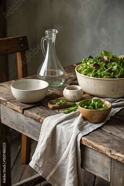 Fototapeta Rustic table setting with fresh green salad and herbs