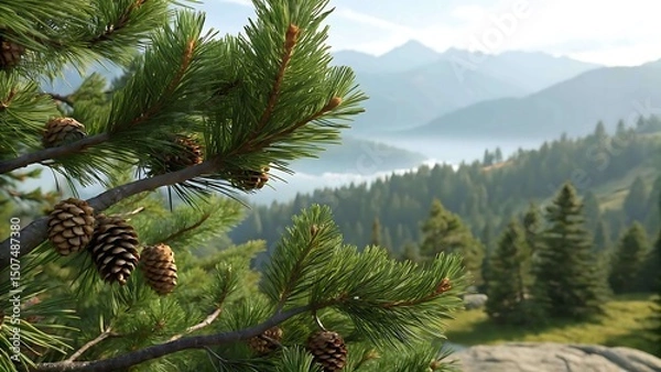 Fototapeta Pine tree branch with cones mountain background