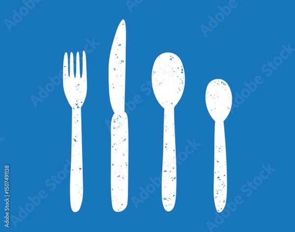Obraz silverware spoon, tablespoon and teaspoon, fork and knife textured grunge icon silhouette set. 