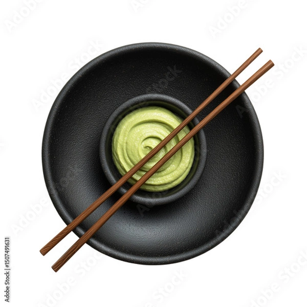 Obraz A black stoneware plate holding a small swirl of wasabi paste with chopsticks isolated on transparent background (3)