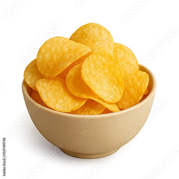 Obraz Potato chips in bowl isolated on transparent background, crispy snack food for fast food or party themes
