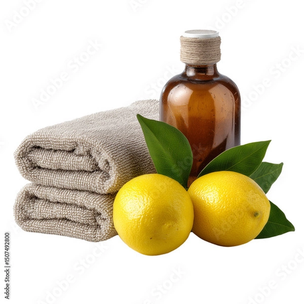 Obraz A folded microfiber cloth next to a bottle of natural kitchen cleaner and fresh lemons isolated on transparent background (2)