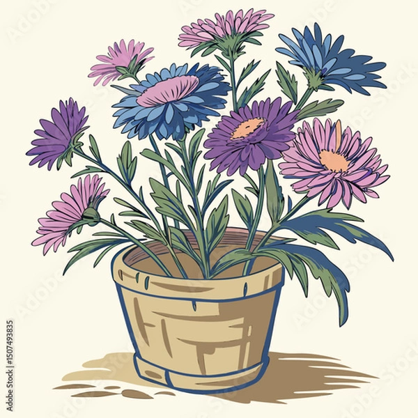 Fototapeta Oil painting of a vibrant aster bouquet in a rustic clay pot on canvas, rich in color and texture.