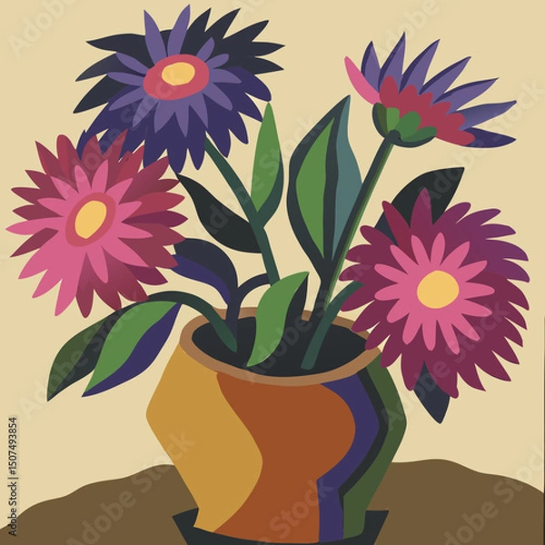 Fototapeta Oil painting of a vibrant aster bouquet in a rustic clay pot on canvas, rich in color and texture.