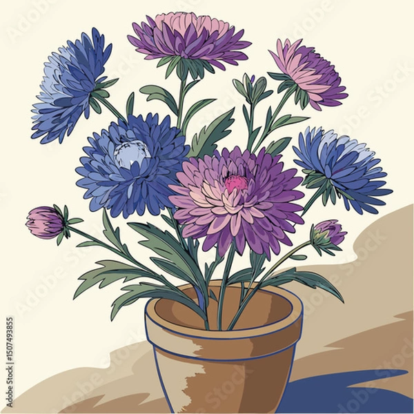 Fototapeta Oil painting of a vibrant aster bouquet in a rustic clay pot on canvas, rich in color and texture.
